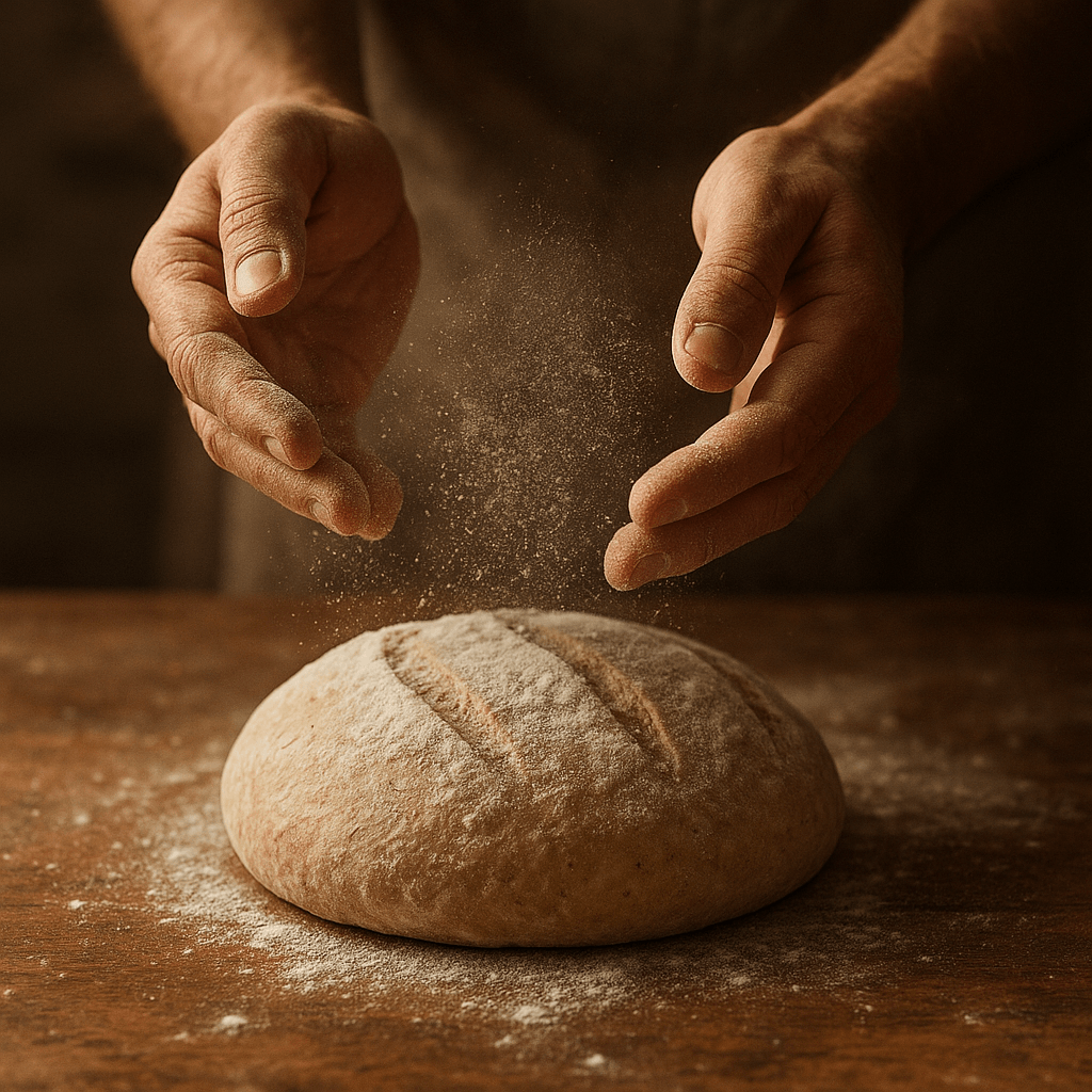 Bäckerhände bestäuben Brotteig mit Mehl auf Holztisch
