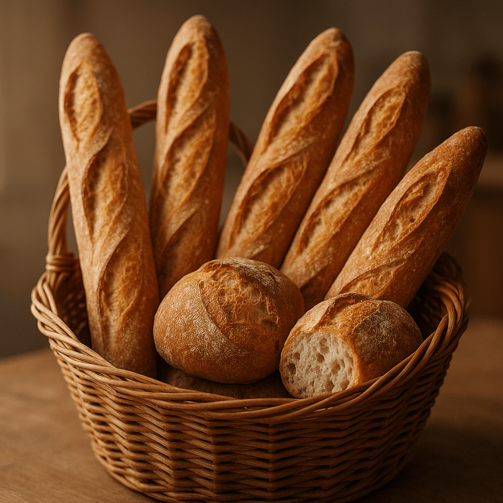 Korb mit frisch gebackenen französischen Baguettes