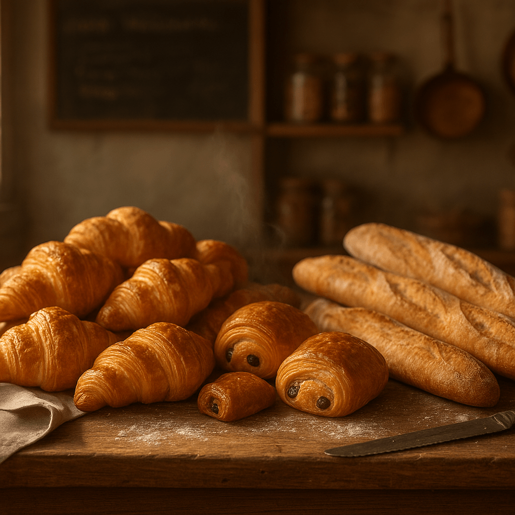 Rustikal gedeckter Tresen mit frischen Croissants, Baguettes und Pain au Chocolat