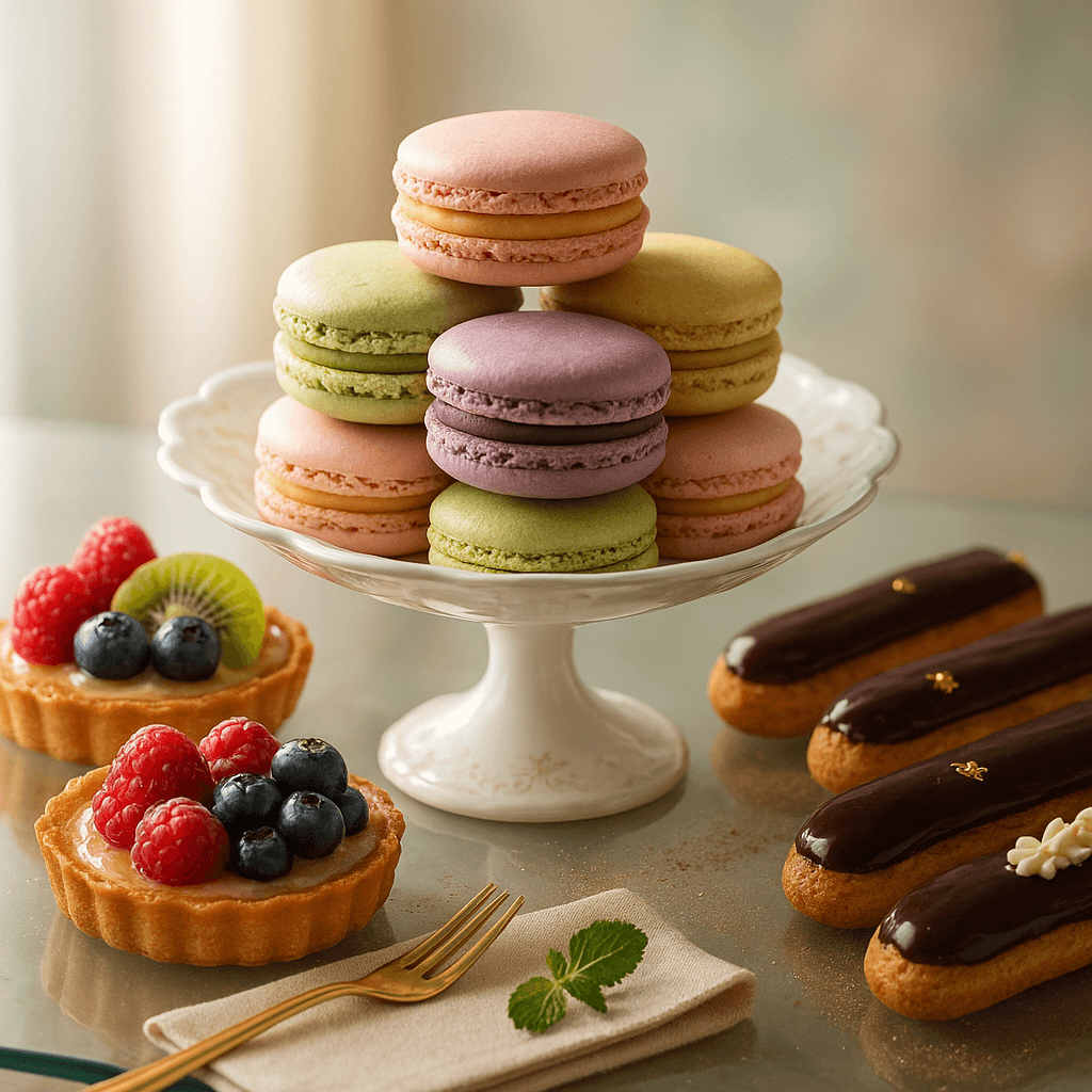 Auslage mit bunten Macarons, Tartelettes und Éclairs